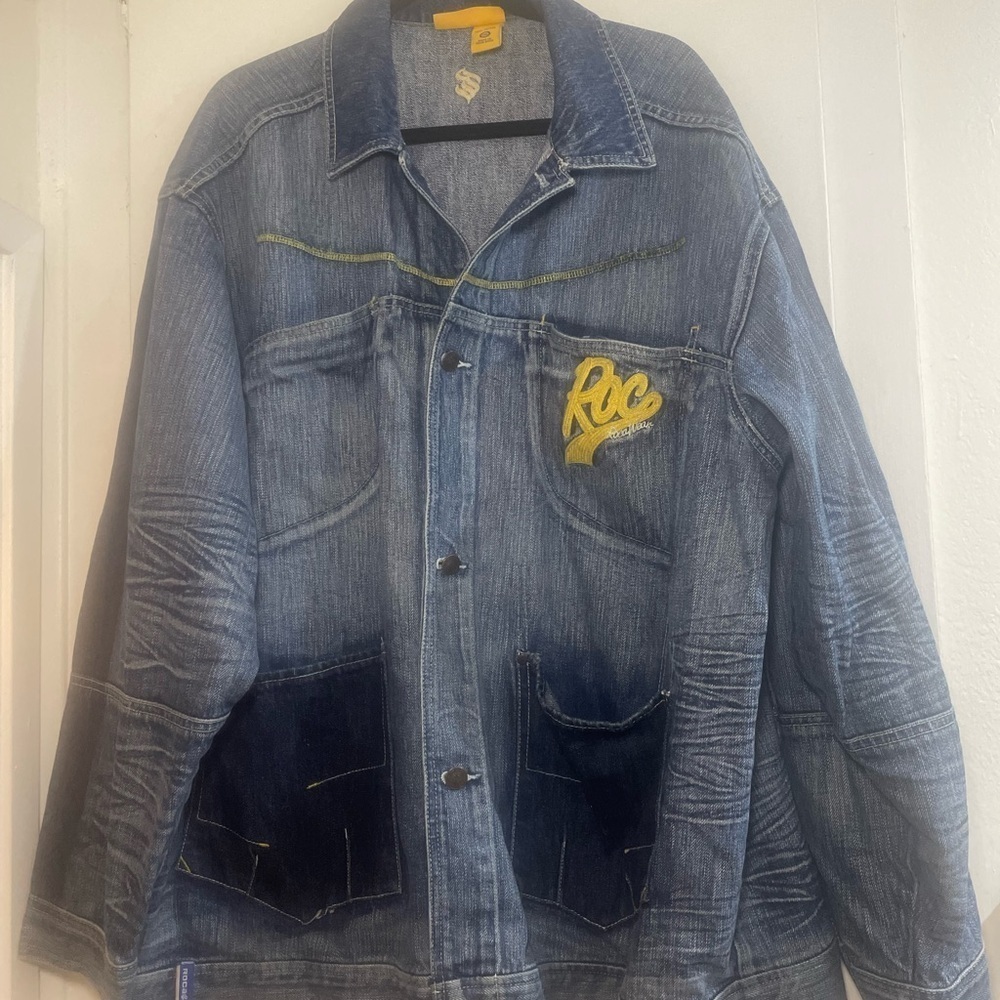 Roca Wear 2XL Y2K Streetwear Distressed Blue Jean Jacket - Picture 2 of 14